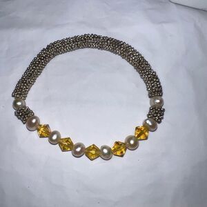 Faux Pearl and Faceted Bead with Stretch Silver Beads Bracelet